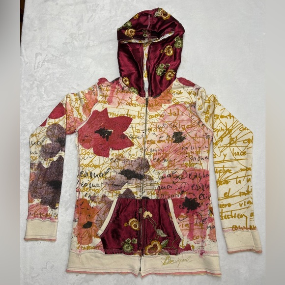 Desigual Floral Magenta Satin Graphic Zip Up Hoodie - Picture 1 of 12